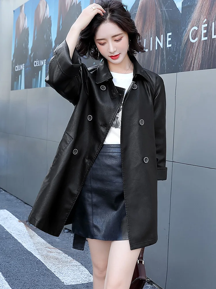 New Women Leather Trench Coat Spring Autumn Single Breasted Adjustable Waist Loose Sheepskin Coat Casual Jacket Split Leather