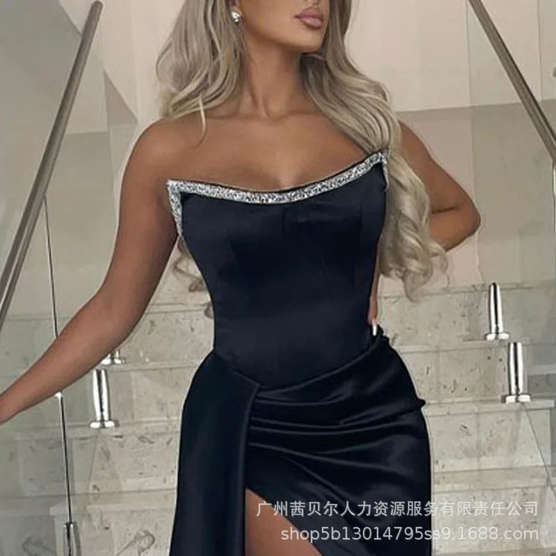 

2022 New European and Americanwomen's hot diamond fold side open dress female sexy party dresses fashion black summer