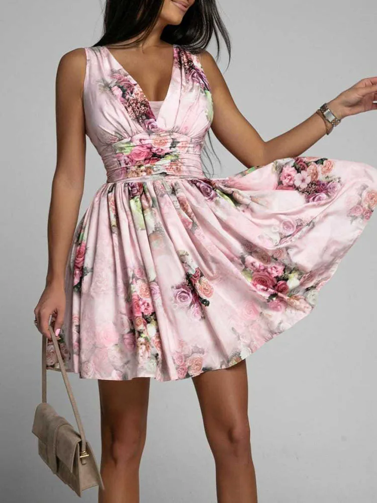 

Elegant V Neck Floral Print Sleeveless Dress Summer Elastic Waist Pleated A-Line Dress New Women Chic Backless Tie Draped Dress