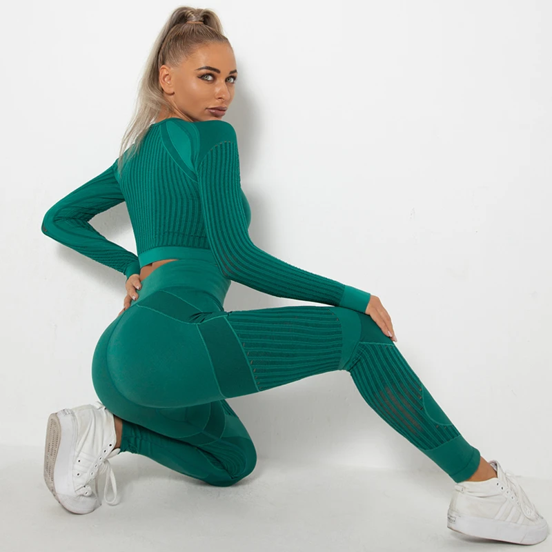 Seamless Gym Set Women Long Sleeve Crop Top Yoga Suit Leggings 2 Piece Fitness Set Female Tracksuit Sportswear Workout Clothes