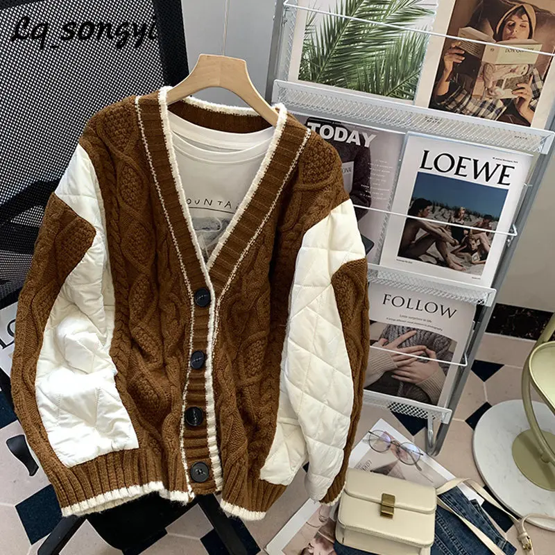 

Свитер Think, пальто, женские осенне-зимние парки с соединением, вязаная куртка, корейский стиль, с пышными рукавами, кардиган оверсайз Lq_songyi SY25