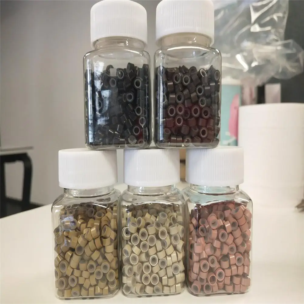 

5 Bottle Hair Extensions Beads 5mm 5 Colors Double Layer Non-slip Micro Links Rings Hair Extensions Tool (500pcs/bottle )