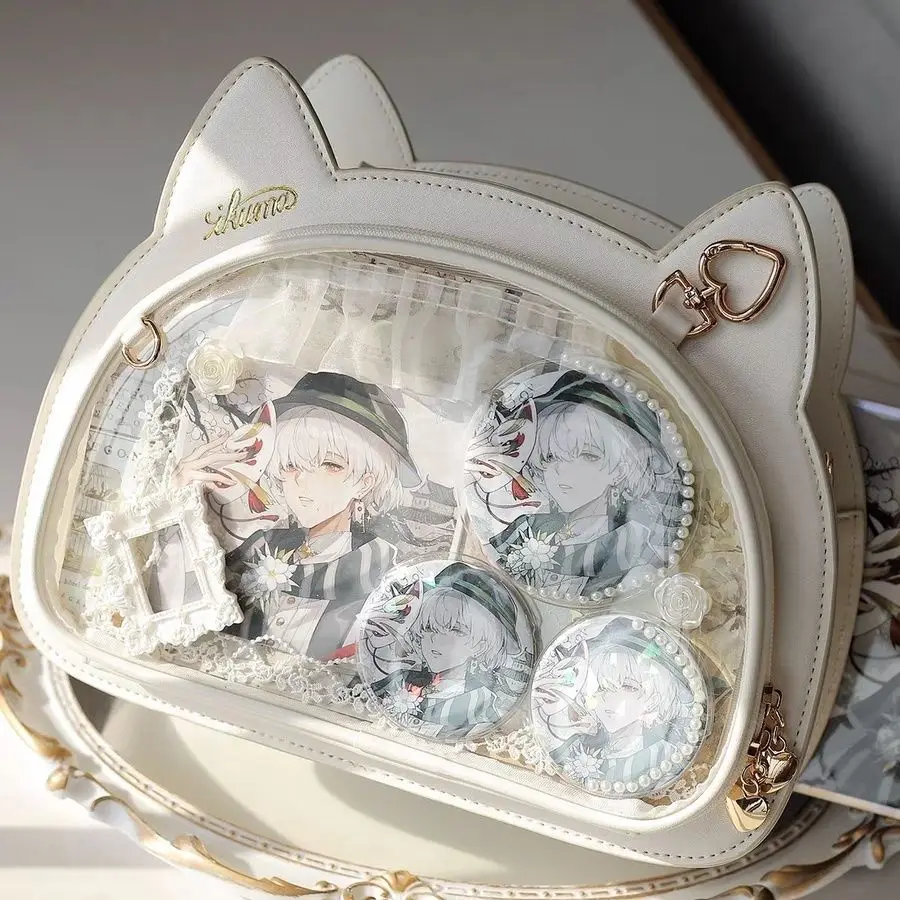 Cat Anime Cute Itabag Shoulder Crossbody Lolita Bag Handbag Transparent Faux Leather for Pins Badge Display Girl Women
