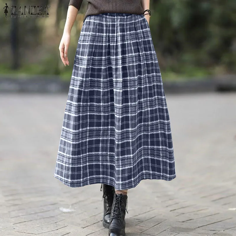 

ZANZEA Vintage Autumn Elastic Waist Party Midi Skirt Jupe Women Plaid Checked Skirts Faldas Saia Retro Holiday Casual Skirts