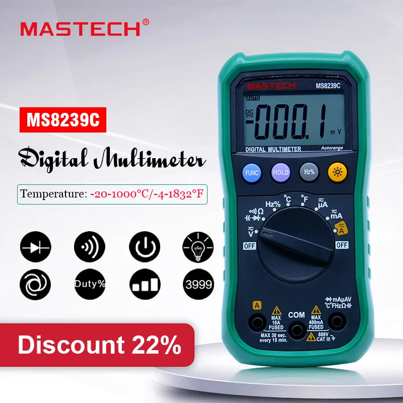

Цифровой Мультиметр MASTECH MS8239C, тестер переменного/постоянного тока, напряжения и емкости, частоты, температуры, Автоматический диапазон, руч...