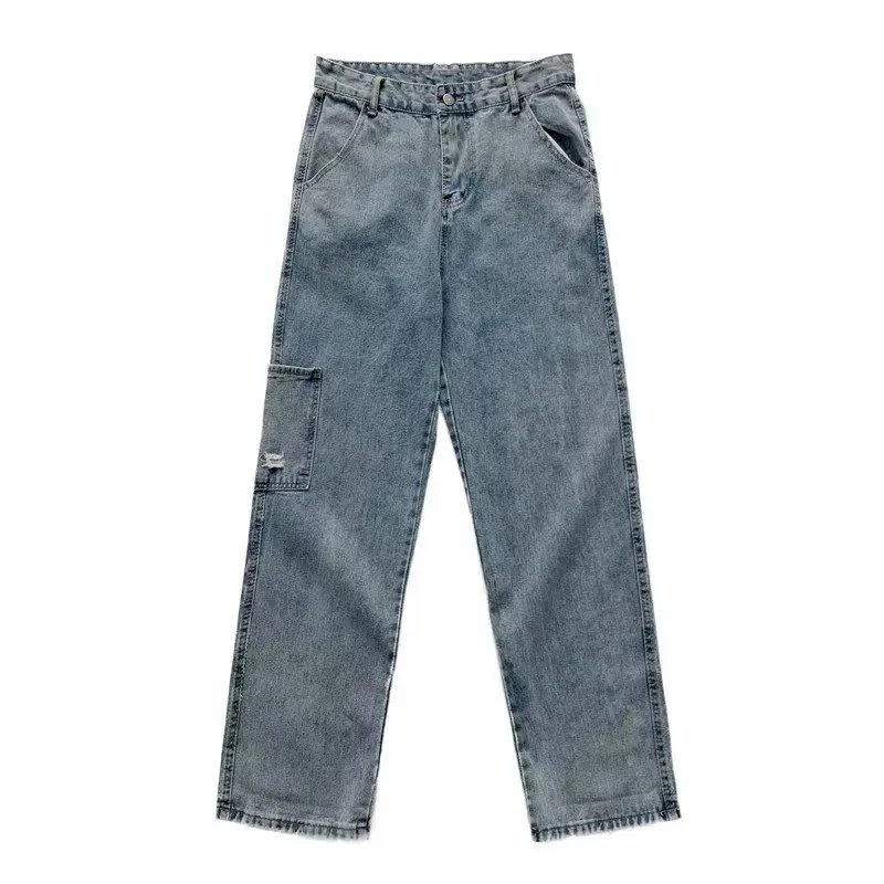 DEEPTOWN Loose Cargo Jeans Men Solid Vintage Denim Pants Casual Streetwear Japanese Straight Trousers Male Fashion Pocket Spring
