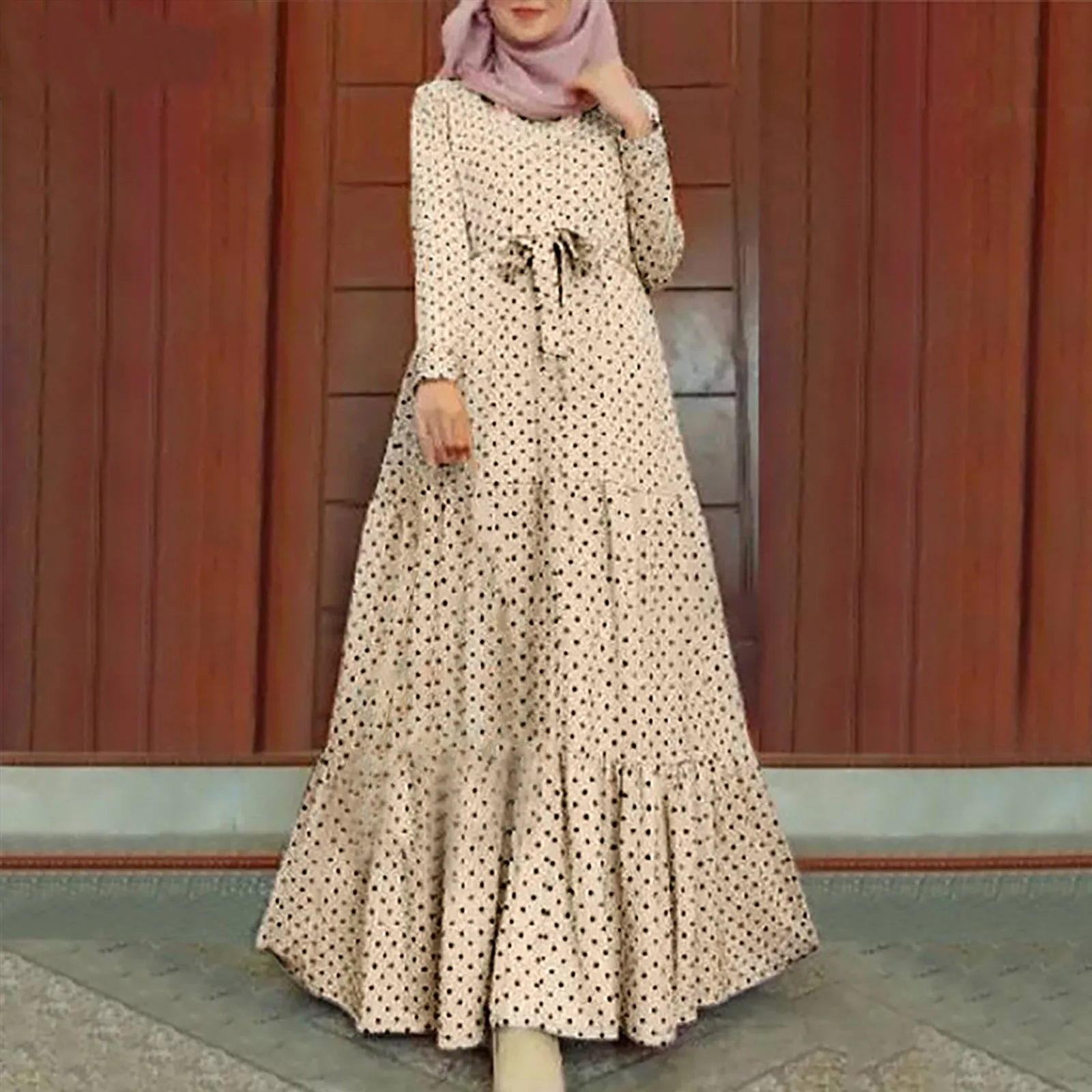 

Women Dots Print Long Dress Elegant Fashion Round Neck Loose Long Sleeve Ankle-dress Swing Long Dresses Party Vestidos Robe
