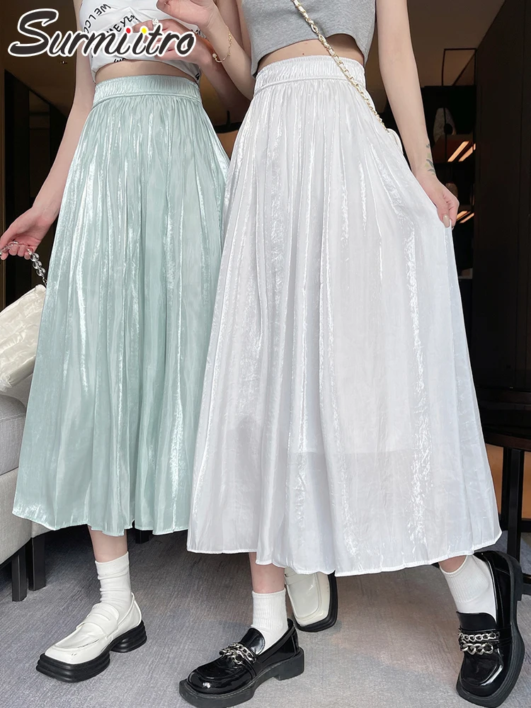 

SURMIITRO высокое качество 2022 летняя корейская мода зеленый белый средней длины длинная Плиссированная фатиновая юбка Женская высокая талия тр...