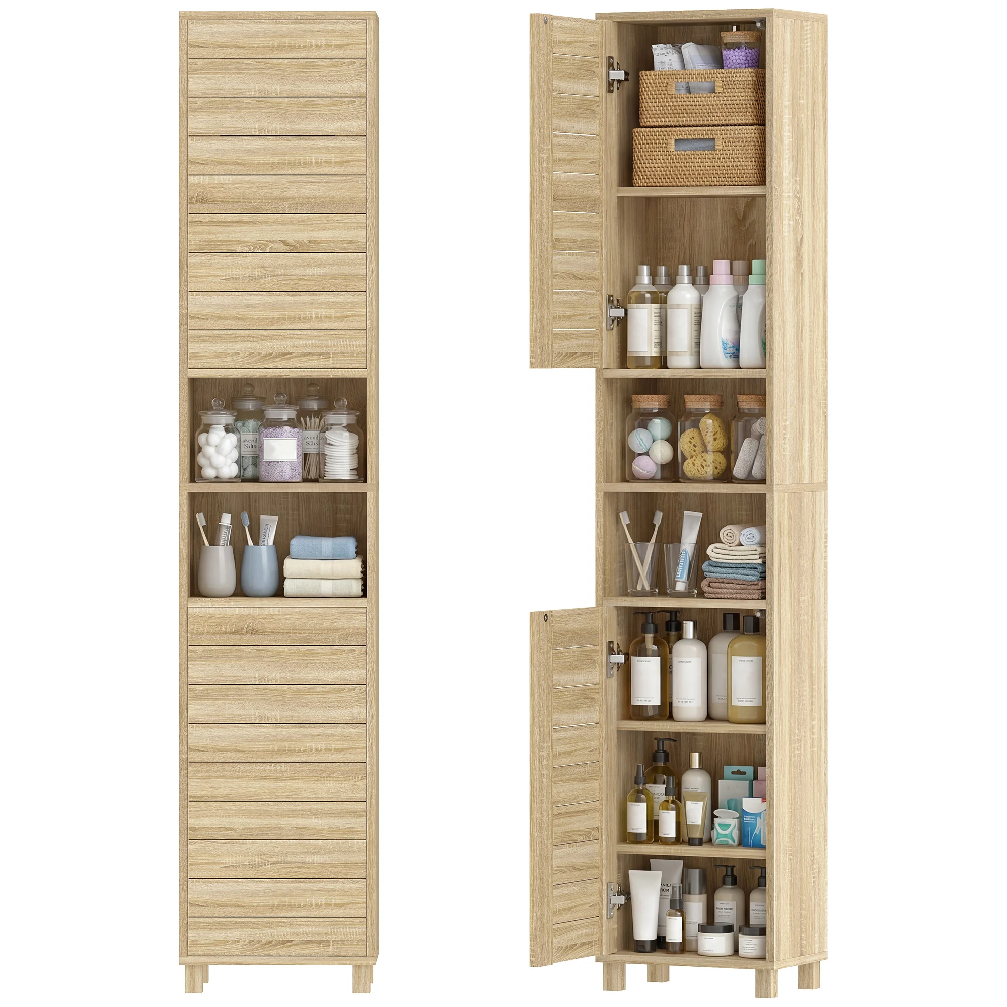 Homcom Tall Bathroom Cabinet, Narrow Bathroom Auxiliary Cabinet with Adjustable Shelves, Slat Doors with Pressure Opening, Open Shelves, for Small Spaces, 34X23X170 Cm, Natural