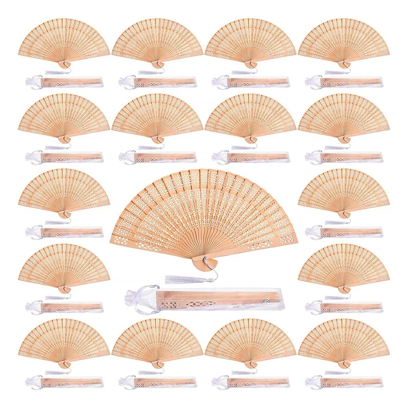 

60 Pieces Wooden Fans Hand Held Folding Fans Vintage Chinese Fans Hollow Pattern With White Tassel For Wedding Guest