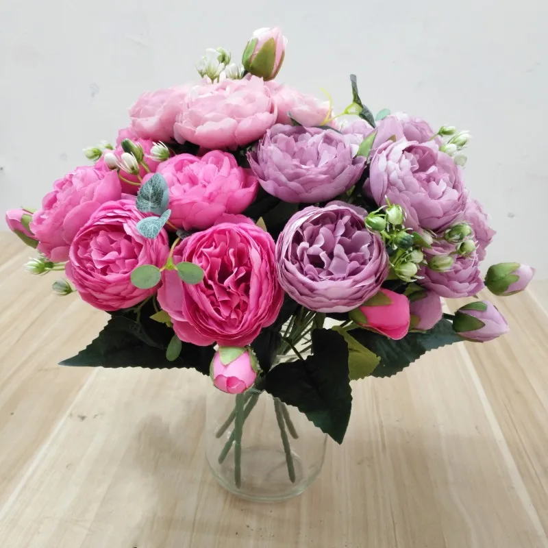 

Artificial Flower Pink Rose Bouquet 5 Big Head 4 Small Bud Bride Wedding Fake Peony Party Home Room Decoration Table Accessories