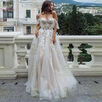 ivory champagne lace appliques wedding dresses tulle 2022 off shoulder sweetheart a line sweep train bride gown women formal