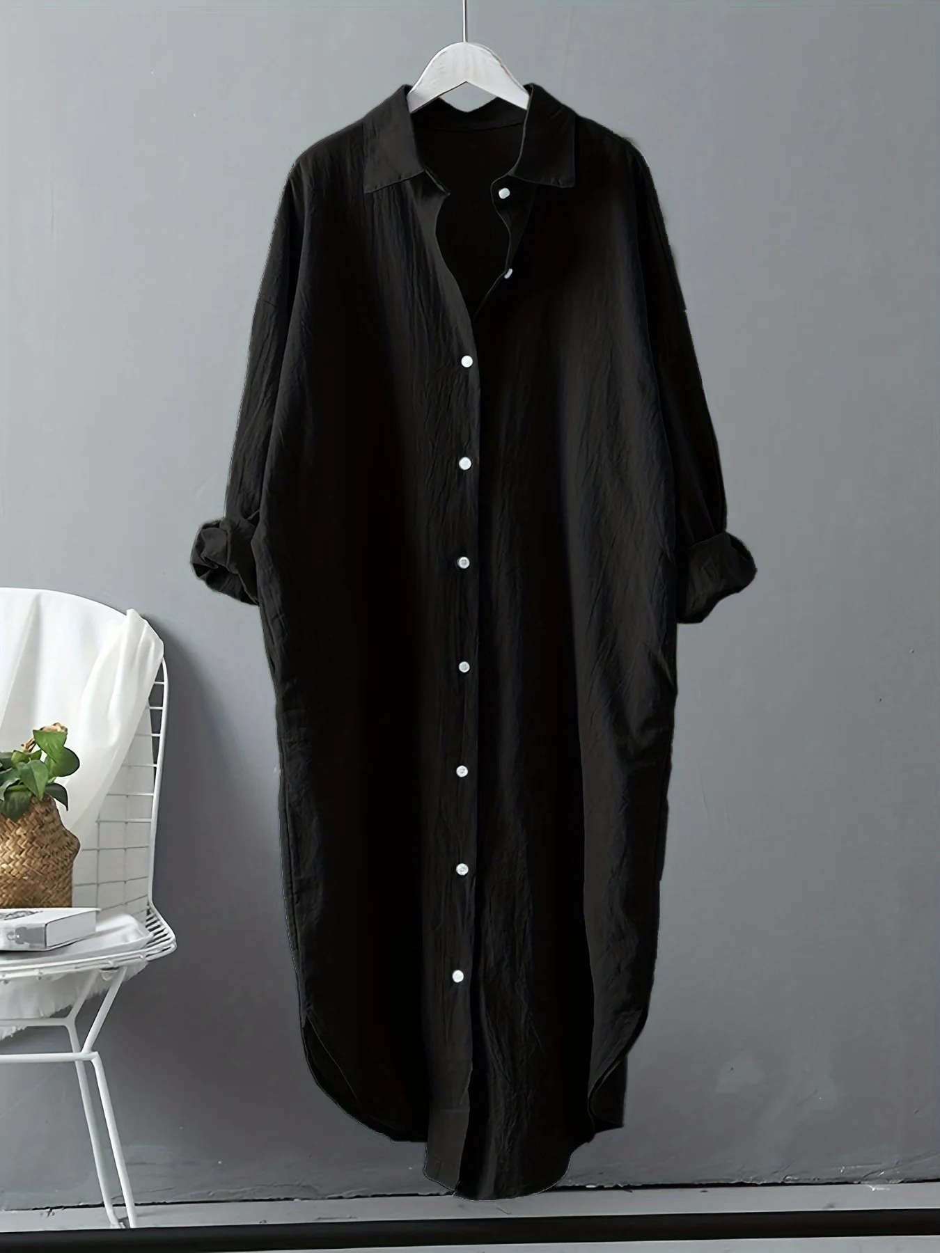 Платье-миди из хлопка и льна с длинным рукавом пуговицами