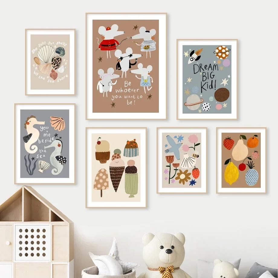 Настенные художественные принты: ракушка мыши морская лошадь мороженое лимон