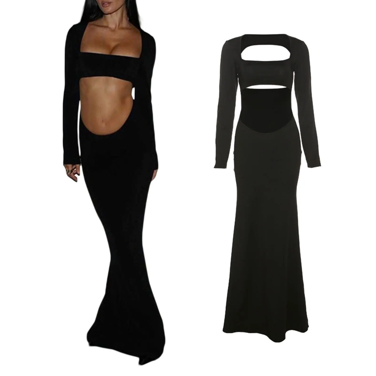 

Women's Evening Dress Long Sleeve Square Neck Cutout Slim Fit Versatile Cocktail Dress