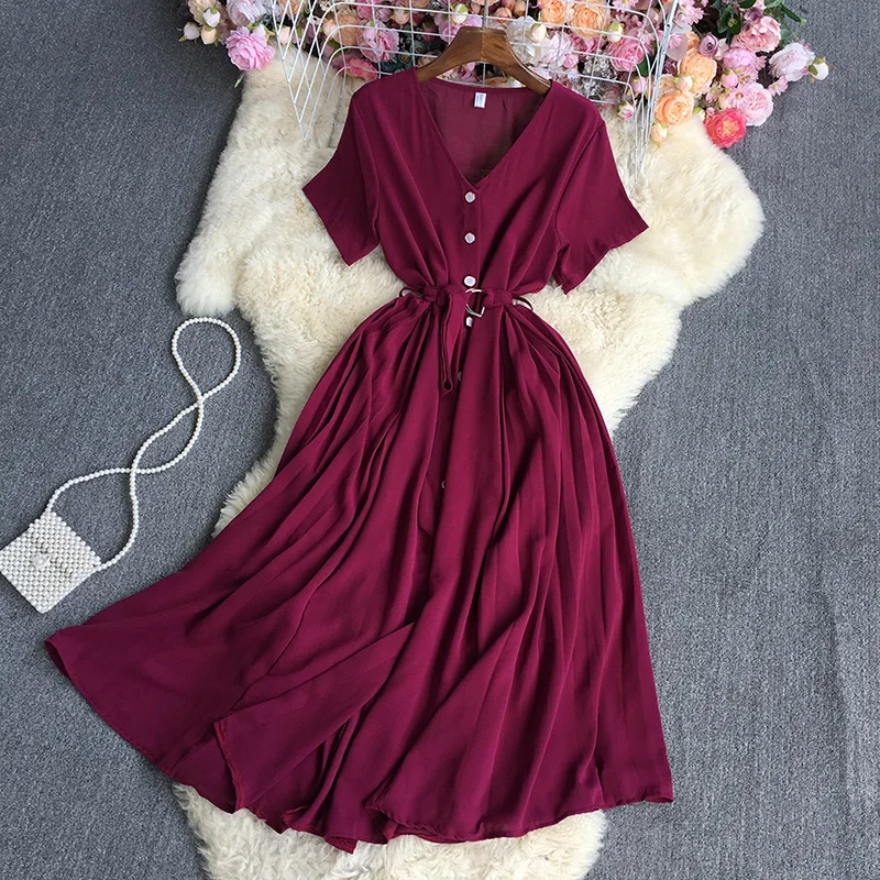 

Basics Solid Color Short Sleeve Shirt Dress Black Red Boho V Neck Button Up Lace Up A Line Slim Long Dresses Vestidos De Mujer
