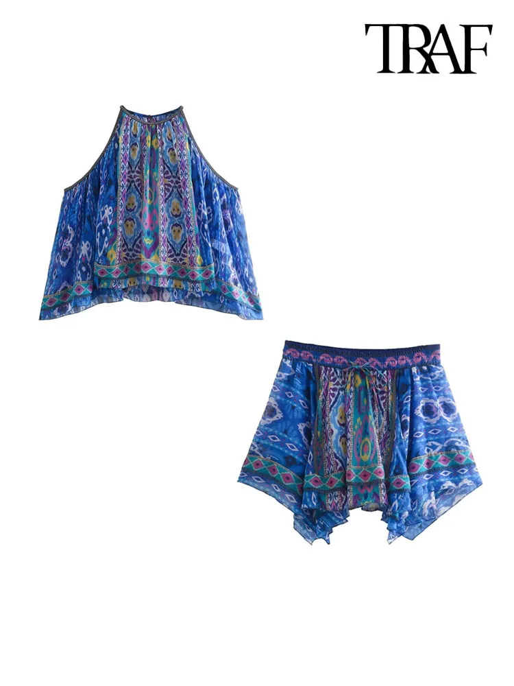 

TRAF Women Fashion Asymmetric Printed Halter Tank Tops And High Elastic Waist Drawstring Skirt Female Two Piece Sets Mujer
