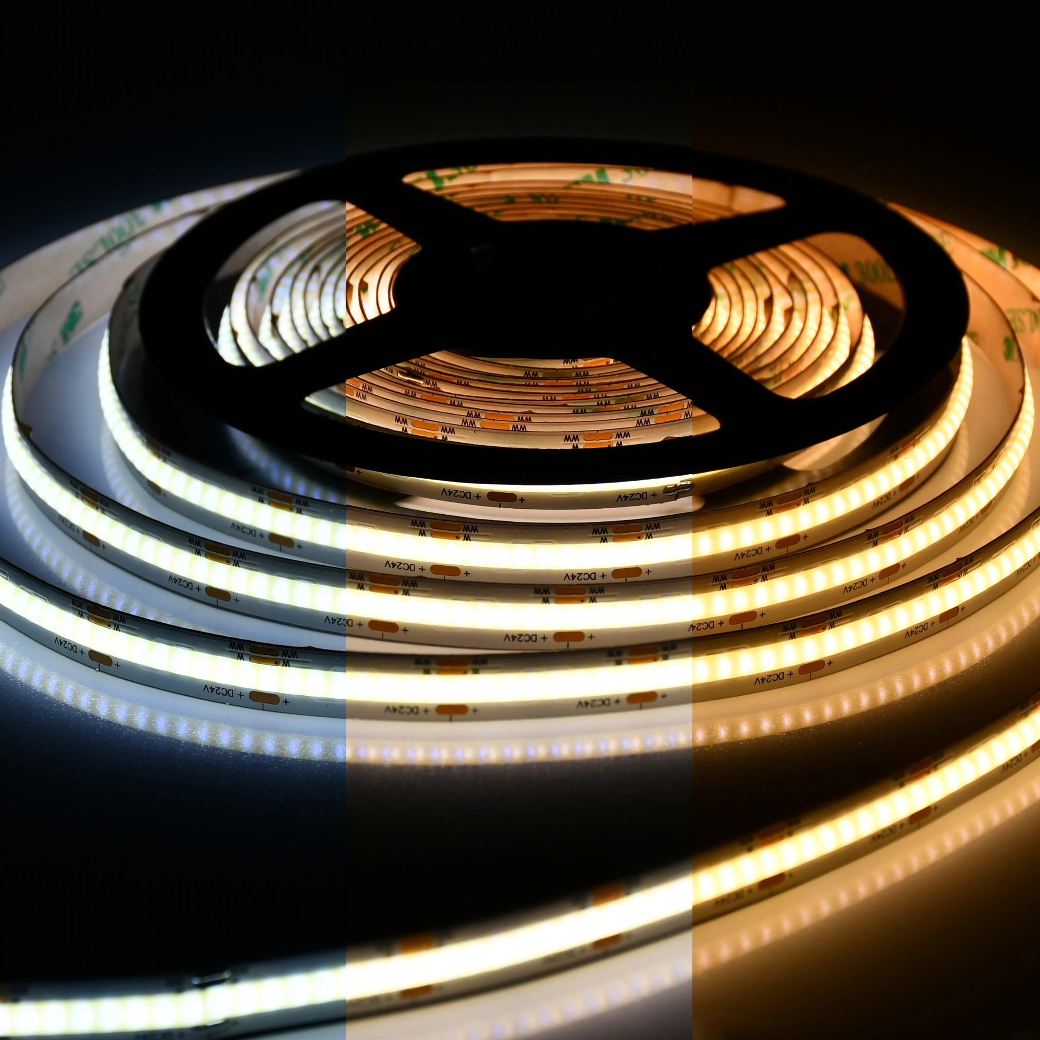 

COB CCT LED Light Strip 608LEDs Flexible FOB 10mm Tape Lights RA90 Warm White Linear Dimmable 24V Color Temperature Adjustable