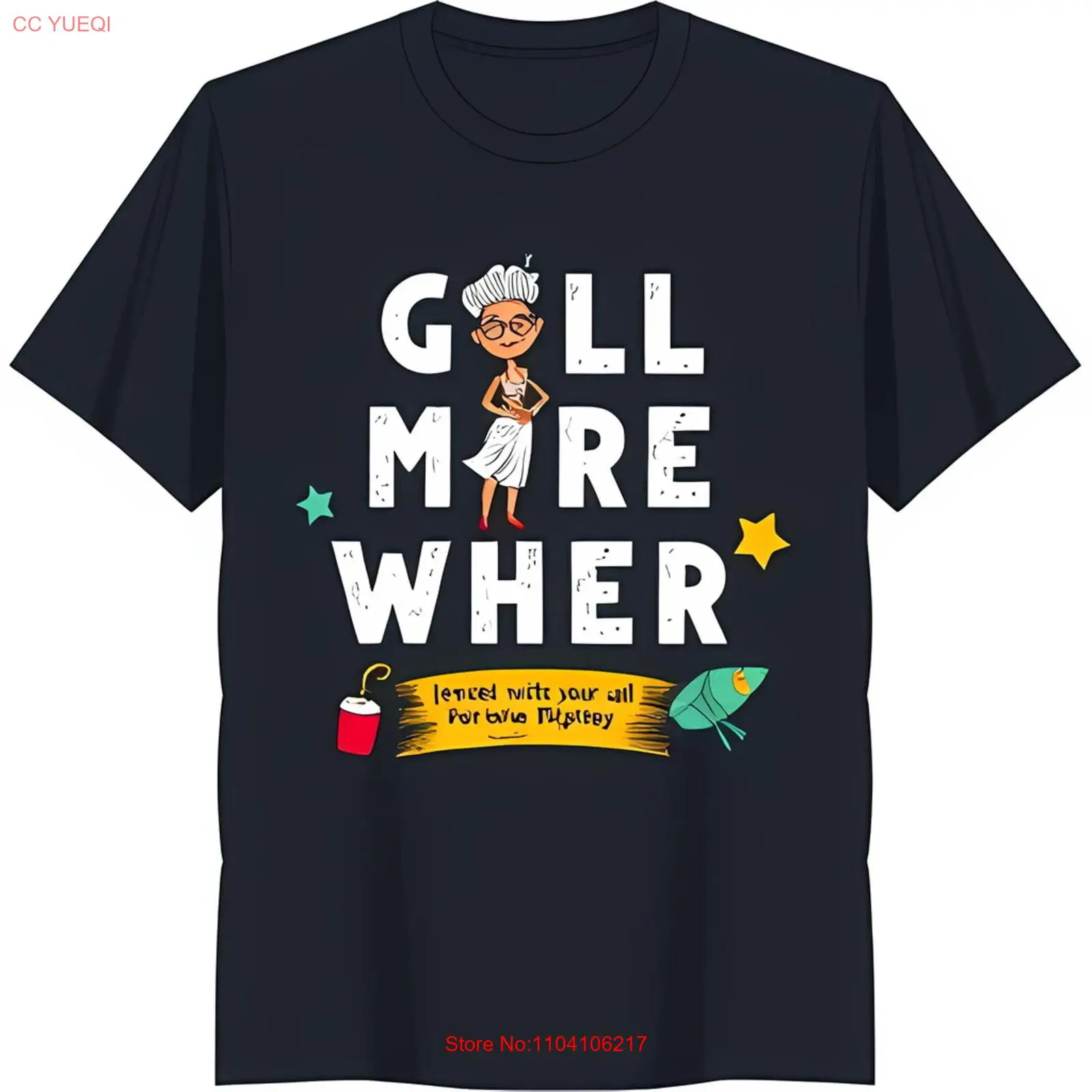 Черная футболка с забавным мультяшным рисунком: Goll More Wher желтым баннером