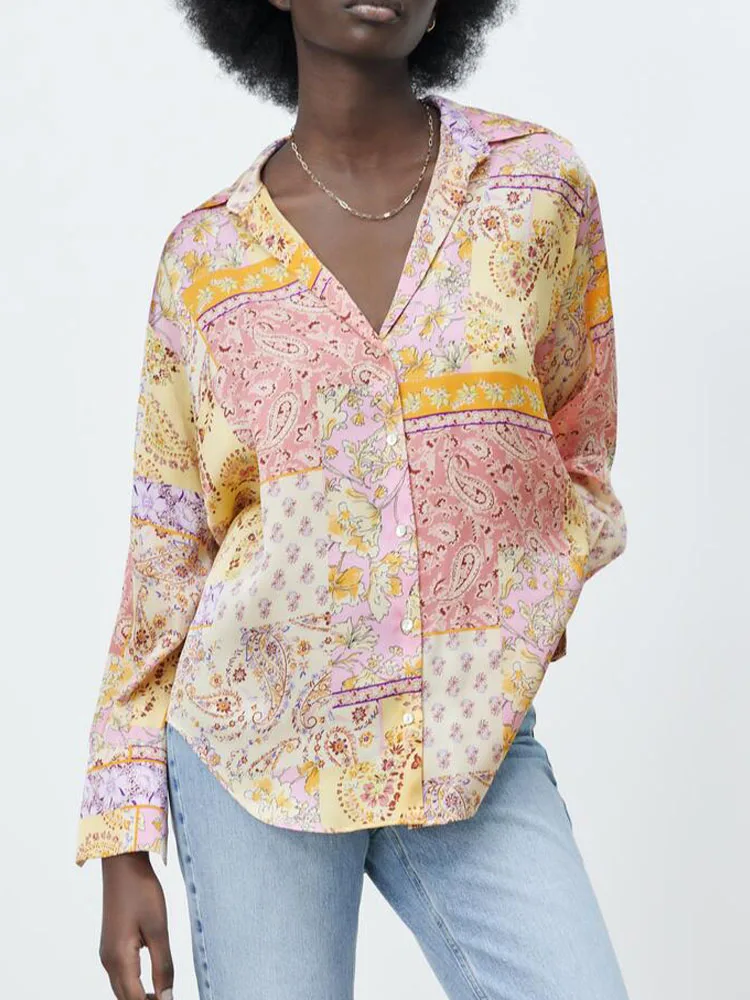 

counter quality spring new women's clothing retro versatile drape loose casual ethnic style silk satin texture printed shirt