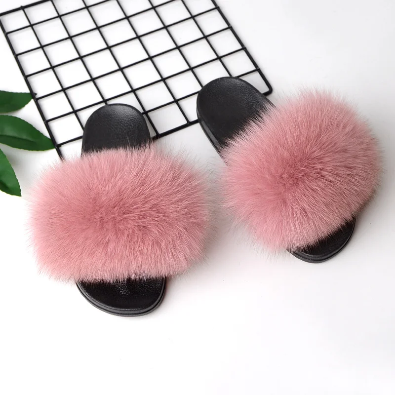 

Fox Fur Slippers For Women Furry Flat Slides Outdoor Casual Beach Shoes Home Non-slip Platform Shoes Luxury Fashion Sandals