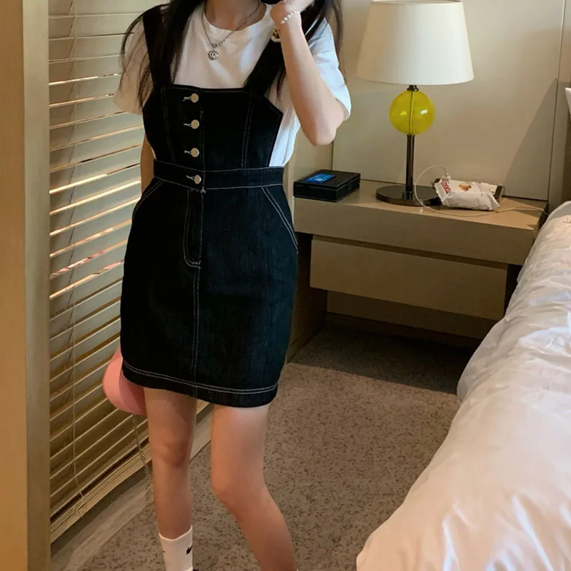 

Real Shot Denim Suspender Skirt Women's Dress Korean Version Button Waist Cute Small Fresh Age Reducing All Match Thin Skirt