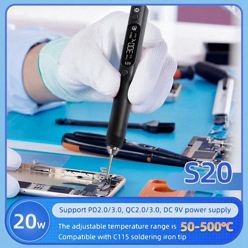 

S20(K) Soldering Iron 0.91 Inch OLED 500℃ Support PD/QC Powers Compatible With C115 Soldering Iron EU Plug