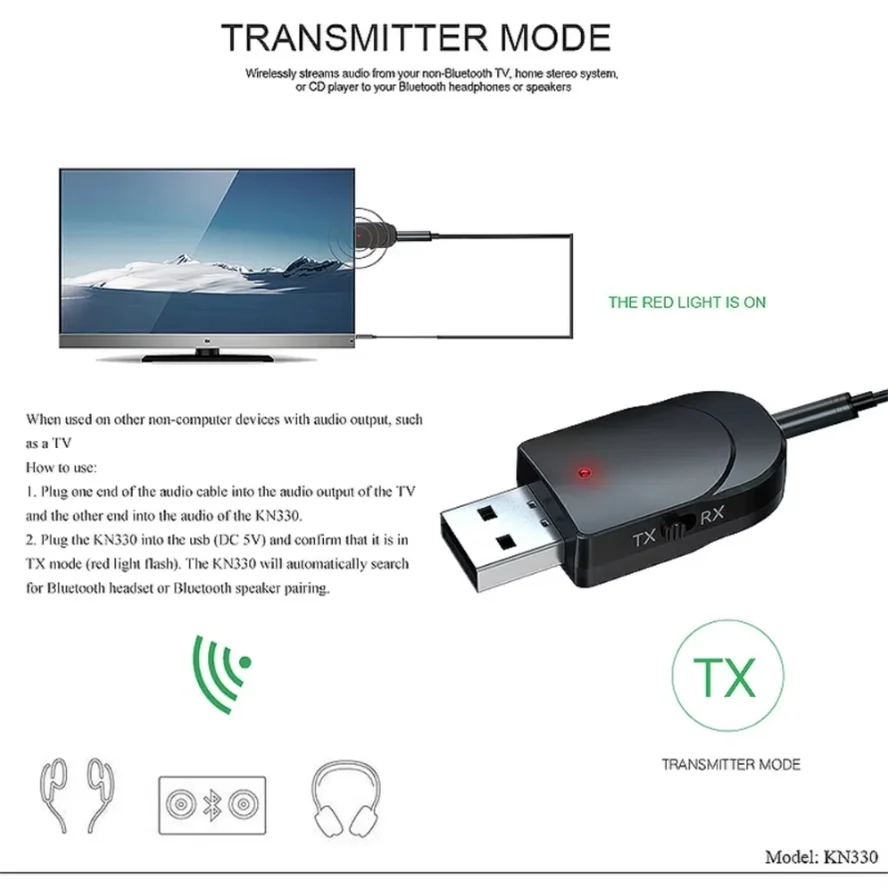 Фото KN330 3 в 1 Bluetooth 5,0 передатчик-приемник USB-адаптер EDR Dongle 3,5 мм AUX RCA для ТВ, ПК, наушников, домашняя стереосистема, автомобиля HIFI №3