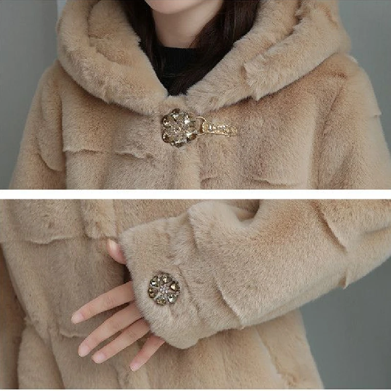 Winter Jacket Women 2022 New Mid Long Slim Faux Fur Coat Hooded Thick Mink High Quality Fashion Tops Solid Black Famale Clothing