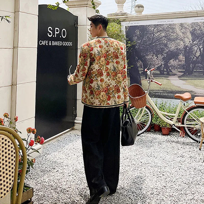 Винтажное жаккардовое пальто без воротника с цветочным принтом роскошное для