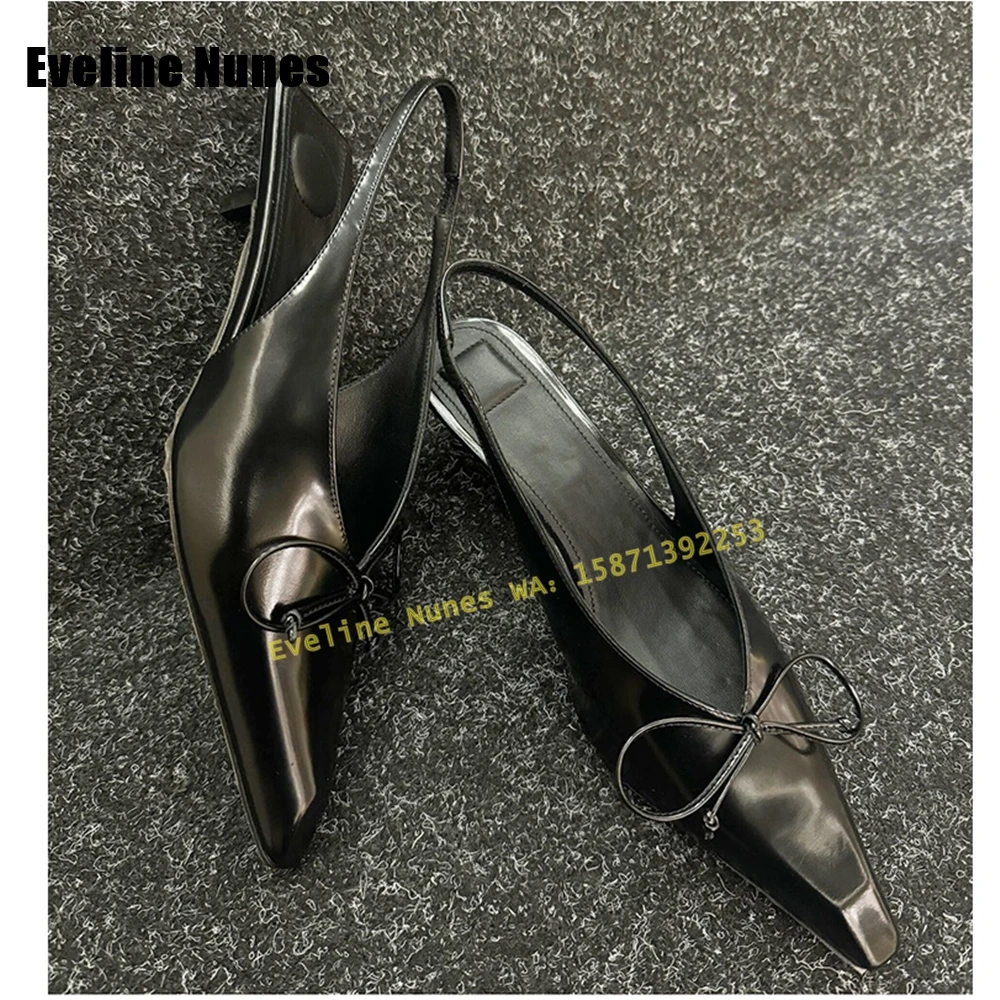 Черные босоножки с бантом на спине и ремешком острым носком тонком каблуке