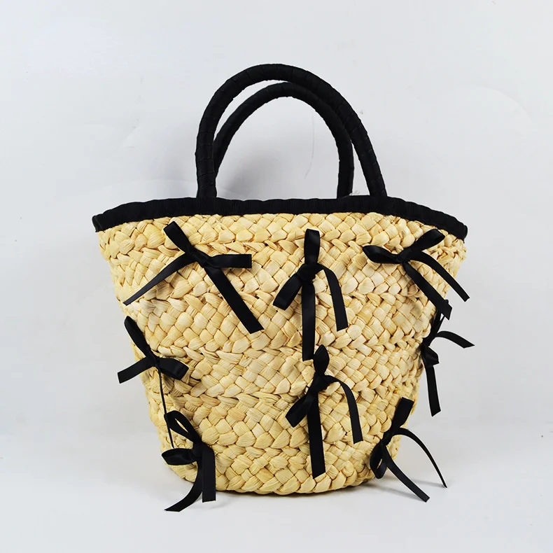 2022 New Straw Braided Woven Knitting Hand-made Tote Bag Joker Corn Bran Braided Handbag Ribbon Bowknot String Drawstring Pocket
