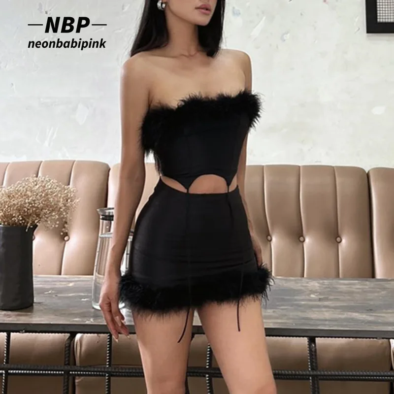 

Комплект из 2 предметов NEONBABIPINK, топ-труба с пушистыми перьями и мини-юбка, сексуальная клубная одежда, черное платье, костюм для женщин