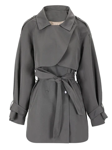 [EAM] женский серый Тренч с поясом большого размера, новая свободная ветровка с отворотом и длинным рукавом, модная весенне-осенняя коллекция 2024, CPG0586