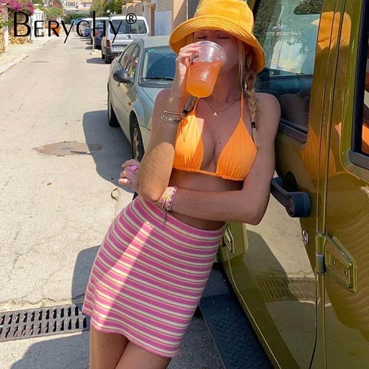 

Halter Stripe Printed Bikini Women Swimwear Female Swimsuit Three-pieces Bikini Set With Skirt Bather Bathing Suit Swim V2759