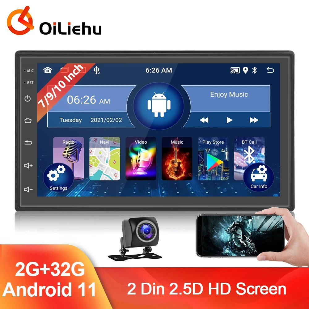 Автомагнитола Oliehu 2DIN 7/9/10 дюймов Android 11 2 5D сенсорный экран AHD камера + 32 ГБ Wi-Fi GPS