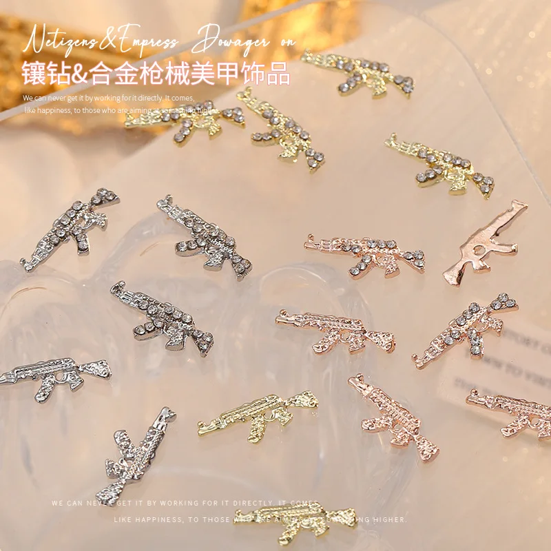 10pcs Luxury Nail Art Alloy Gun Shape Gemstone Rhinestone Nails Shiny Multicolor 3D Charms DIY Manicure Tips Decoration Supplies