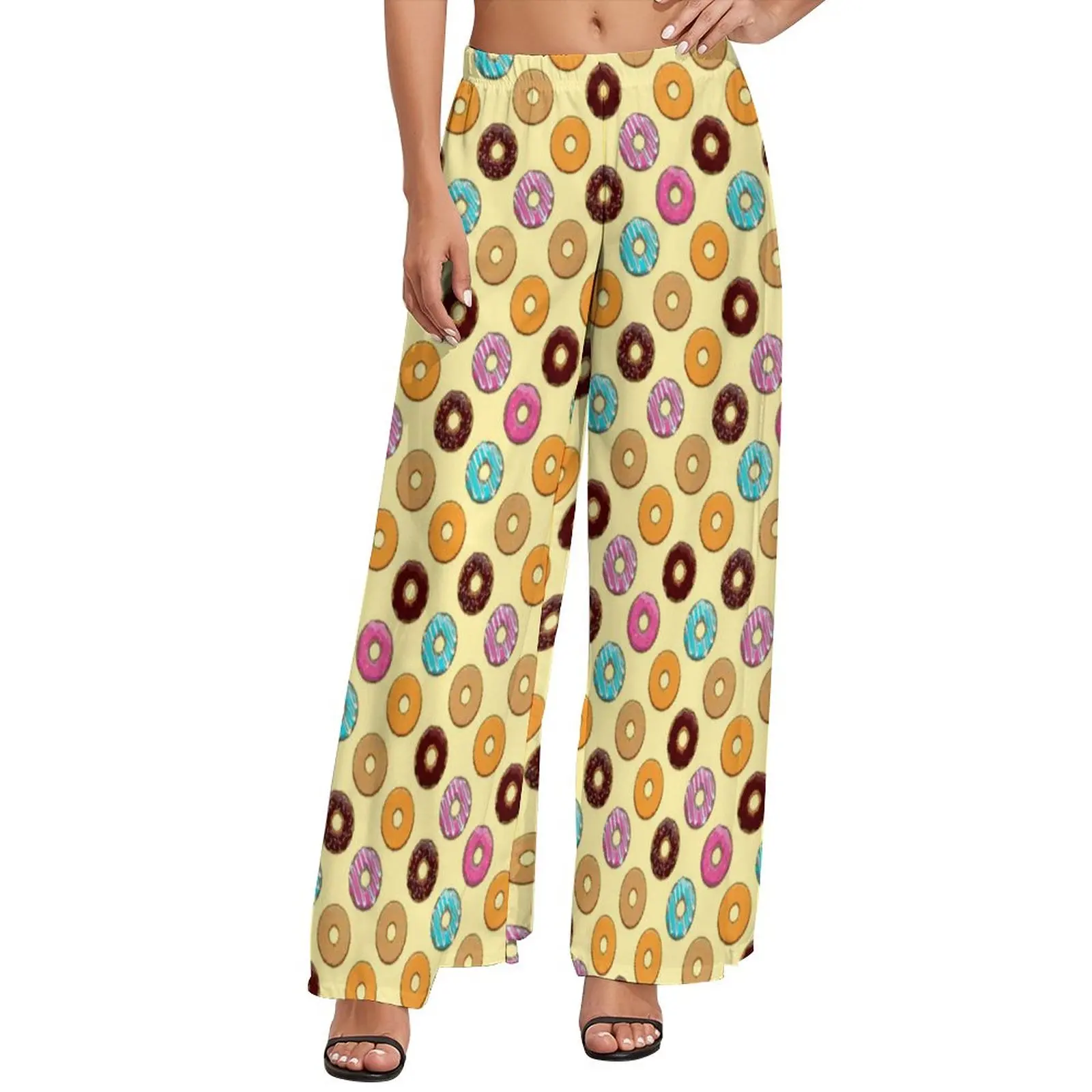 

Colorful Doughnut Print Pants Summer High Waist Cartoon Food Elegant Wide Leg Pants Oversized Aesthetic Print Straight Trousers