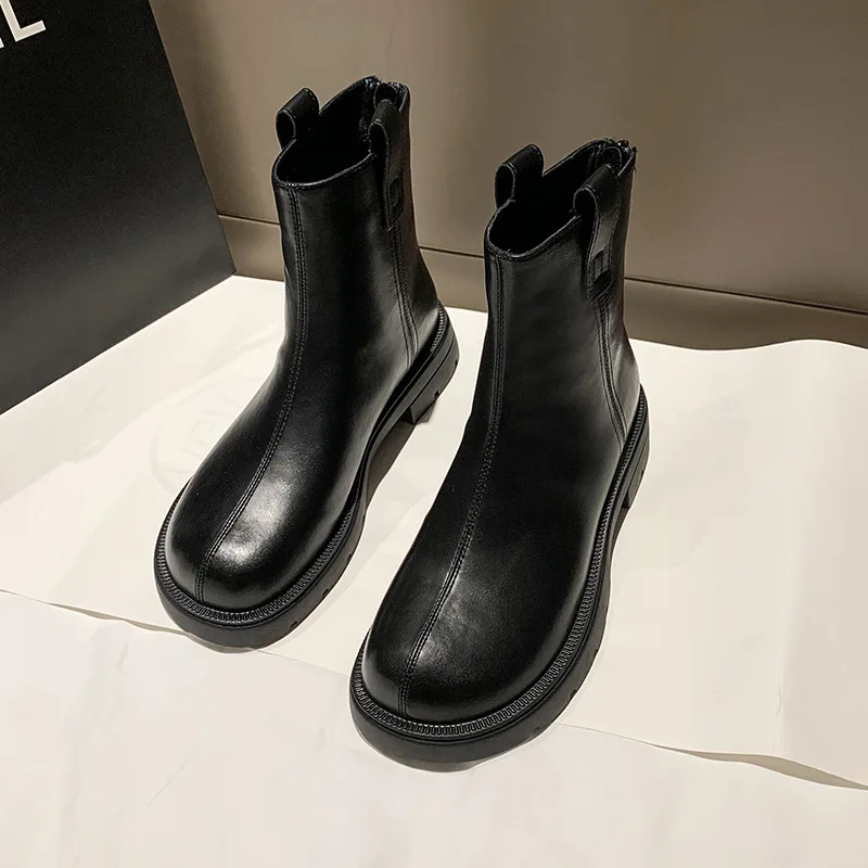 Women Thick Sole Short Boots Rear Zipper Round Flat Shoes Low Heel Fashion PU Mid Tube 2022 New