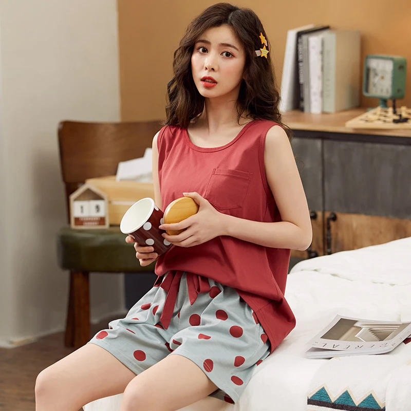 M-4XL Loose Cotton Pajamas Set for Women Sheer Tank Tops and Print Polka Dot Shorts with Lacing Casual Home Suit Sleepwear Lady