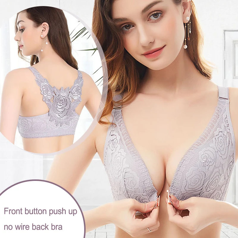 

Front Closure Bra Plus Size Bras Rose Embroidery Beauty Back Bra Sexy Seamless for Women Big Size Roses Adjustable Bras 75-100AB