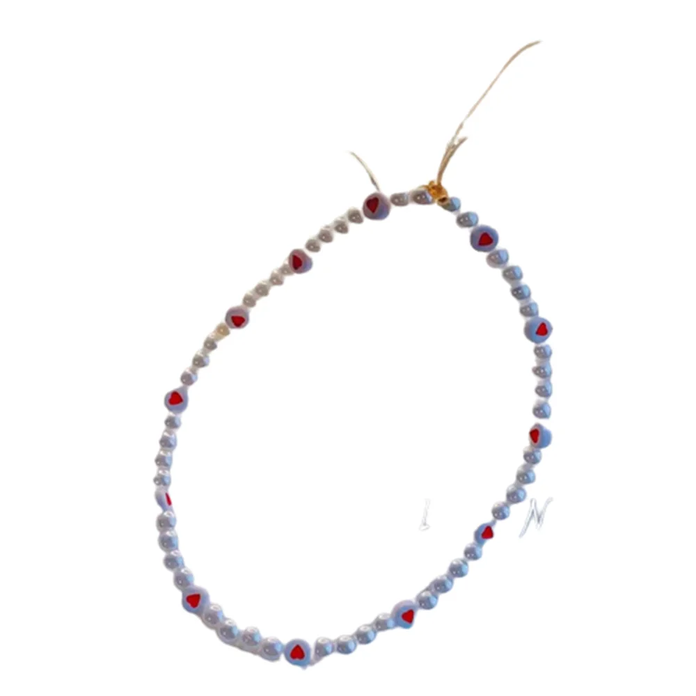 new ins trendy red love heart pearl chain mobile phone chains anti lost handmade acrylic charm cord lanyard for women girls free global shipping