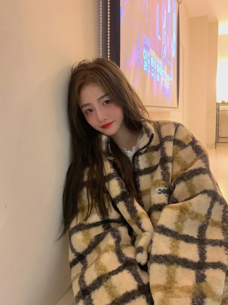 

Jacket For Women Plaid 2022 Autumn Winter Warm Coat Fashion Loose American Vintage Lamb Wool Jackets Femme Outwear Tops