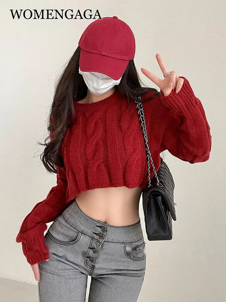 

American Round Sweet Neck Loose Short Twist Sweater Long Sleeve Fashio Autumn Winter Sweater Tops For Women Red D8FQ