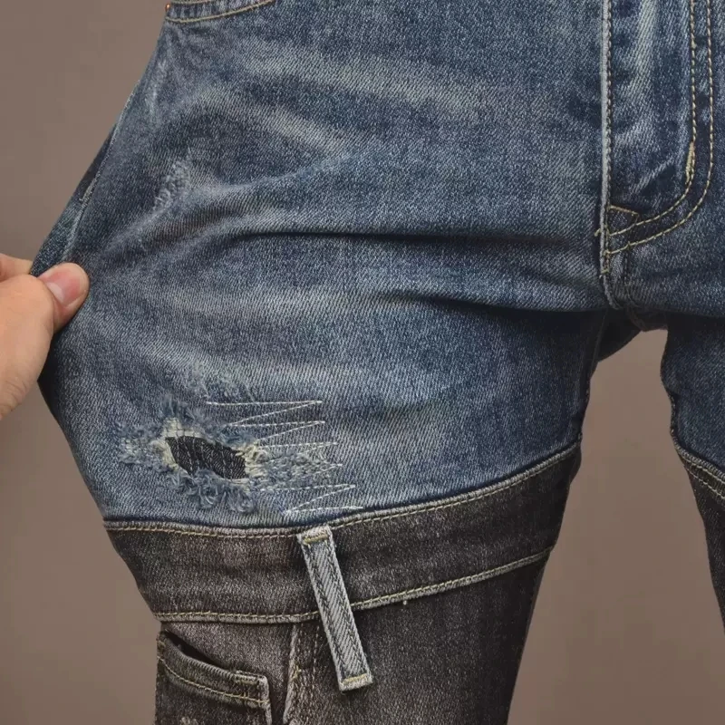 Men Blue Ripped Patchwork Jeans Autumn Streetwear Slim Fit Pencil Pants Fashion Casual Black Patch Denim Trousers CP2026
