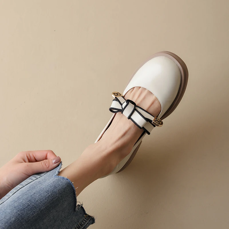 

2022 New Spring/Autumn Woman Shoes Genuine Leather Shoes Women Flats Round Toe Thick Heel Solid Color Women Mary Jane Shoes