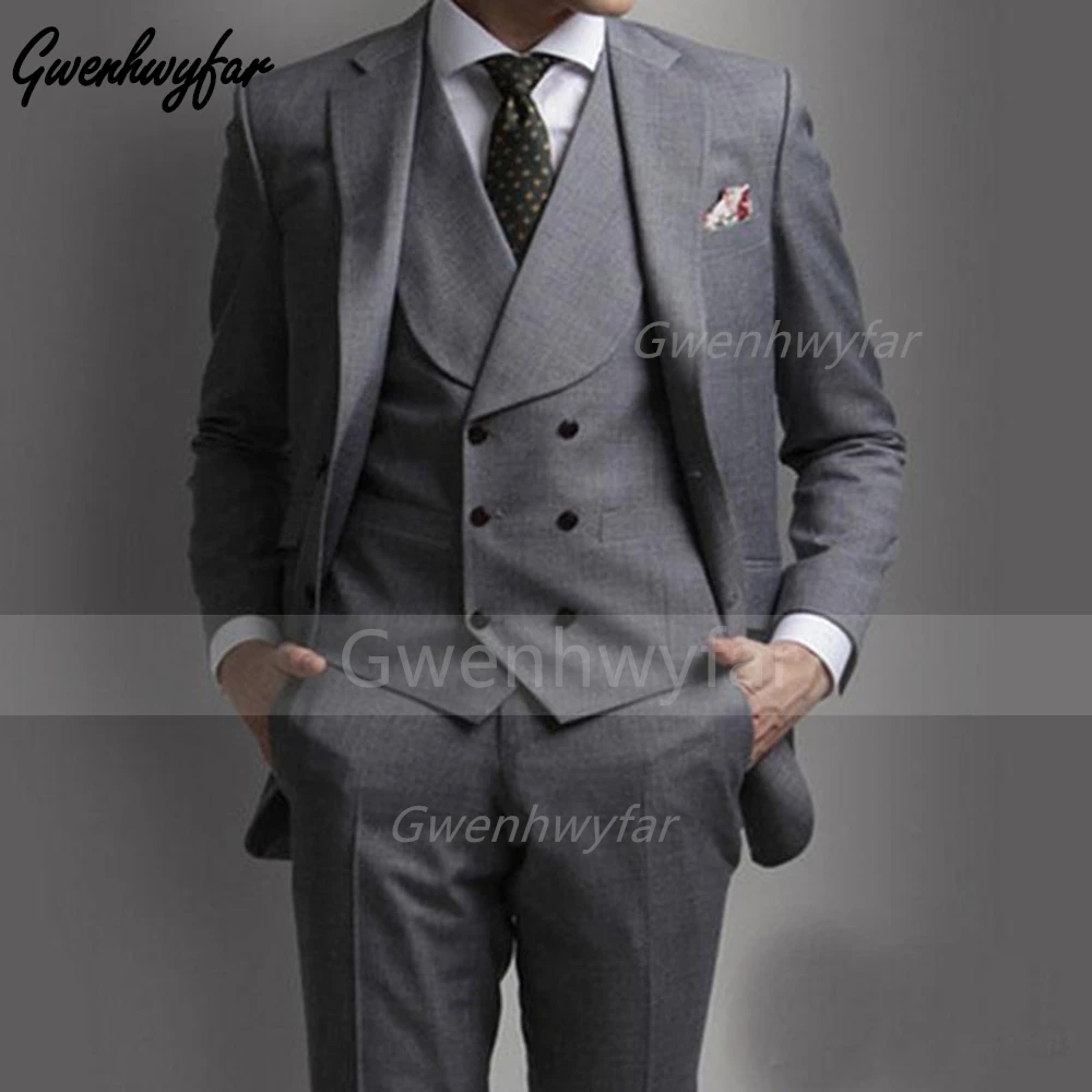 

Gwenhwyfar 3 Piece Notch Lapel Mens Suits Set Formal Slim Fit Double Breasted Vest Jacket Pants Tuxedo for Wedding Groom