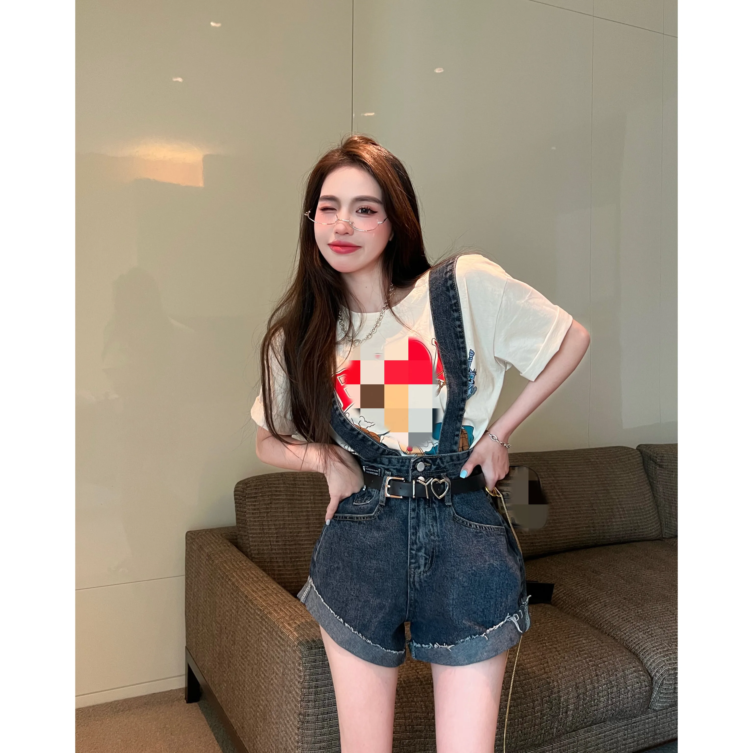 

Модные короткие джинсовые шорты с высокой талией и поясом, новинка 2023, женские комбинезоны