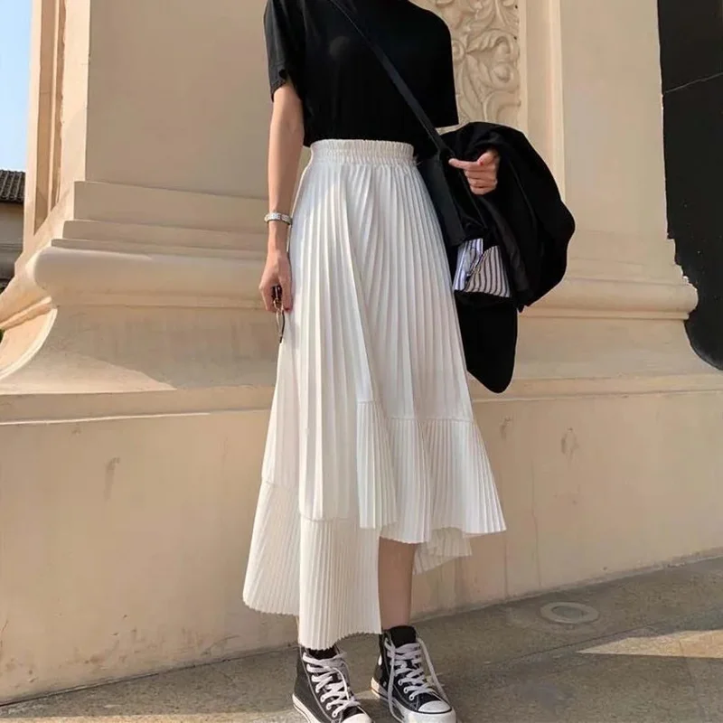 

Lucyever White High Waist Pleated Skirt Women 2022 Korean Fashion Asymmetrical Ruffles Long Skirt New Summer A-line Midi Skirts