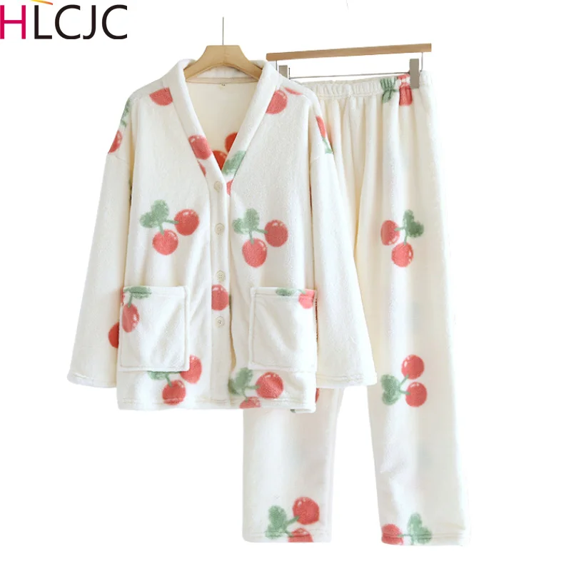 

New 2022 Autumn Winter Warm Flannel Women Pyjamas Sets Thick Velvet Long Sleeve Cartoon Sleepwear Flannel V-neck Pajamas Women